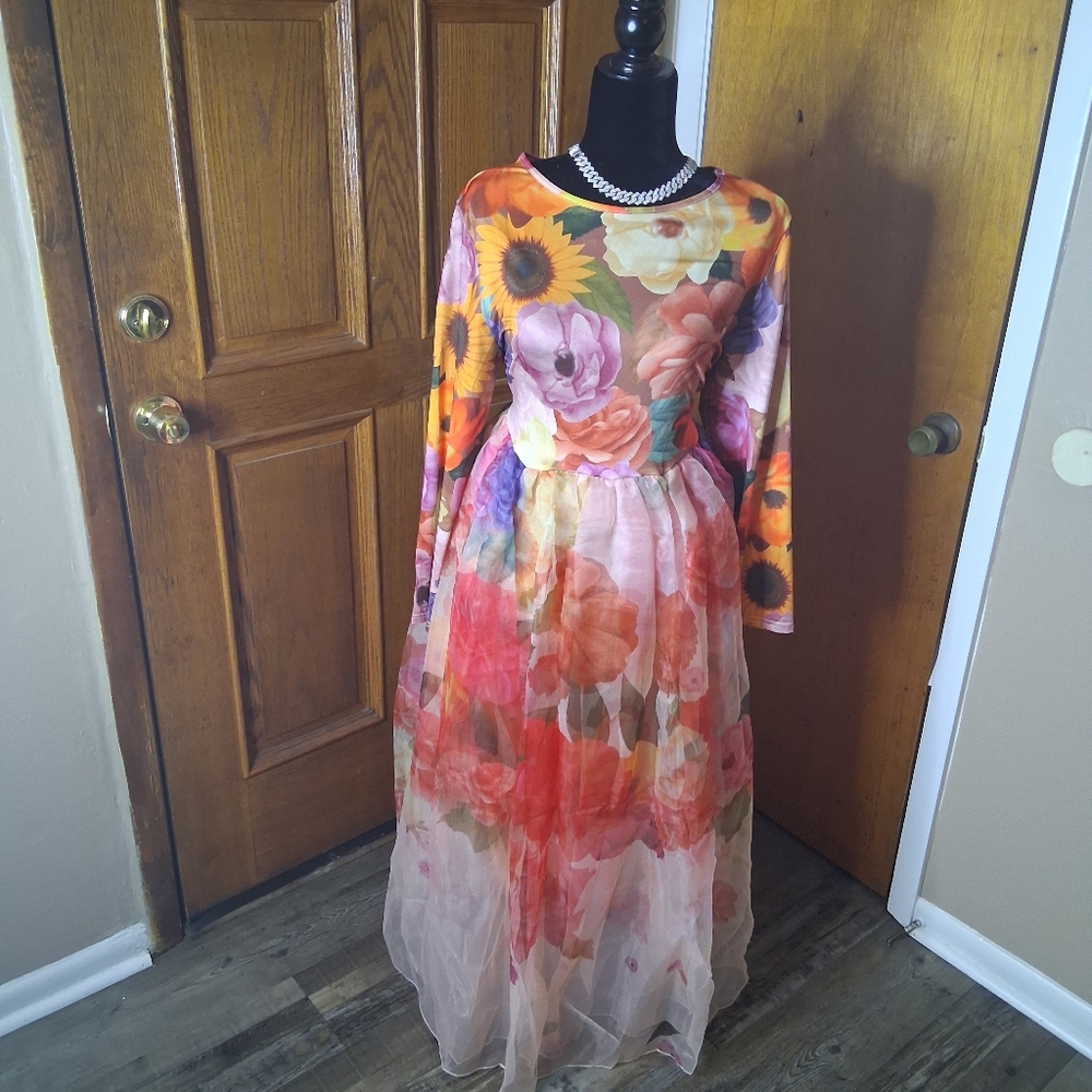 Floral Long Sleeve Maxi Dress - Pink Multi